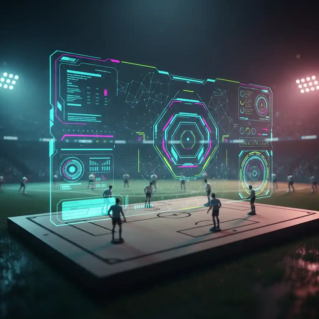 Pantalla futurista con alineacion fantasy de futbol, tarjetas de jugadores y datos tacticos